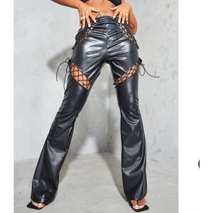 PrettyLittleThing Black Lace Up Faux Leather Cut Out Detail Flared Trousers